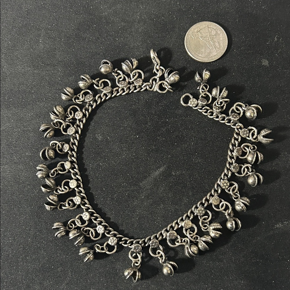 Handmade Silver Tone Floral Charm Anklet - Jingle Bell Boho Gypsy